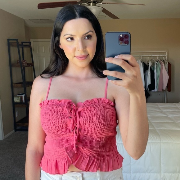 Pink Sweetheart Lace Up Ruched Top - Picture 2 of 6